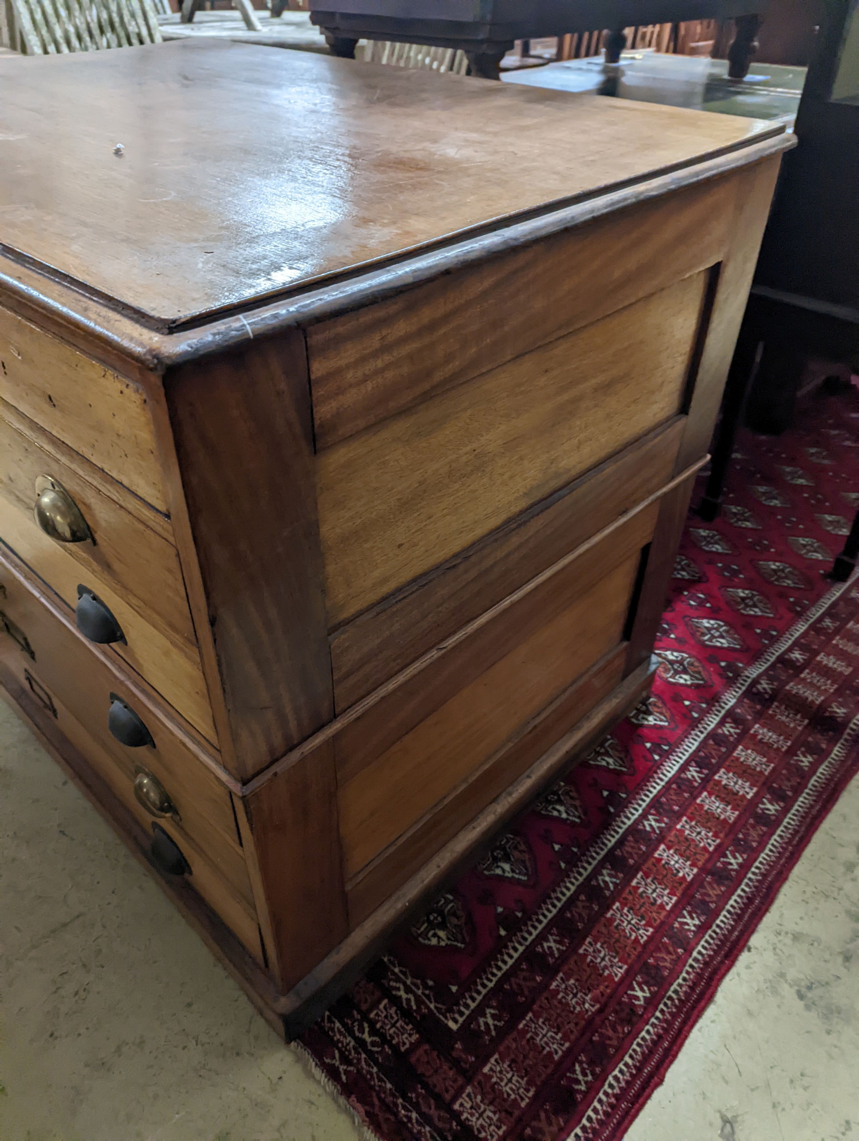 An early 20th century mahogany six drawer two part plan chest, width 116cm, depth 79cm, height 88cm